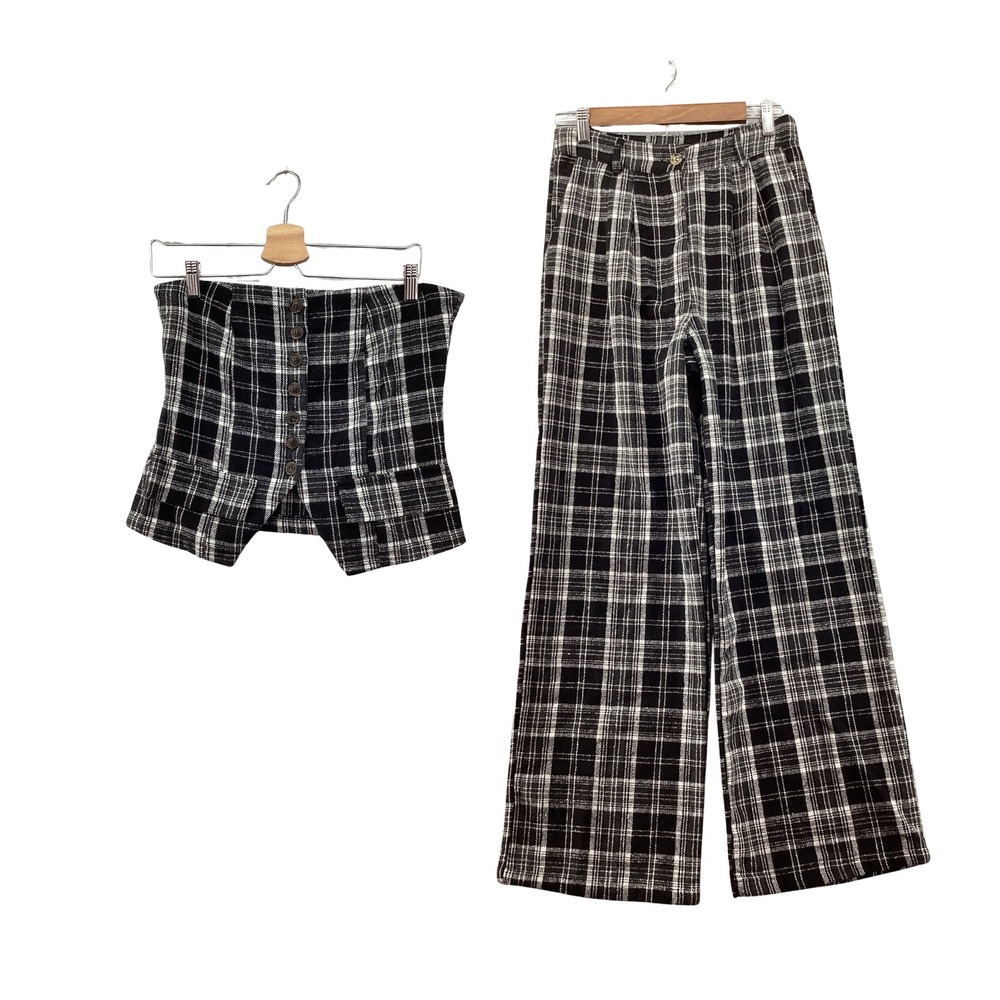 Hyfve Black White Plaid 2 Piece Set Strapless Corset Top Wide Leg Pants HF23F877